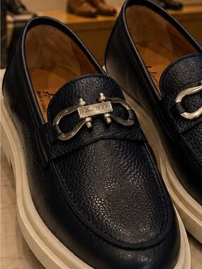 Black Leather Bit Loafers with Cream Sole